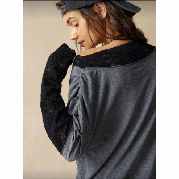 Charcoal and Black Lace Detail Soft Oversized One Shoulder Pleating Top - Picture 4 of 5